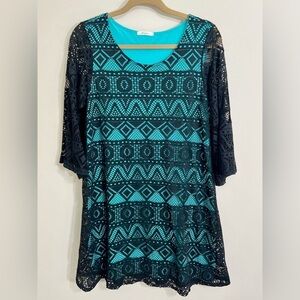 12PM BY MON AMI Scoop‎ Neck Black Lace Overlay Mini Dress 3/4 Bell Sleeves Large